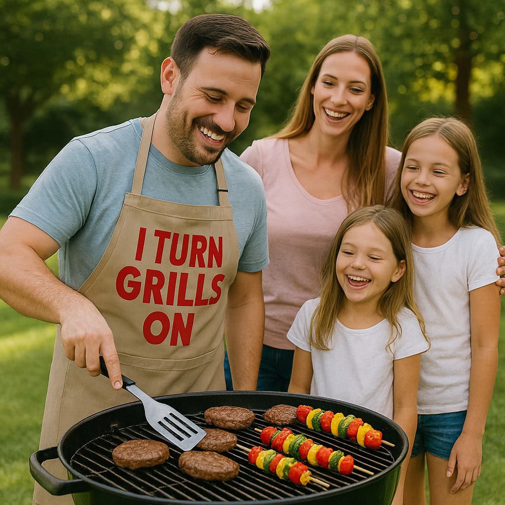 Grilling dad with family outdoors, man cooking burgers and vegetable skewers on a barbecue, kids and wife enjoying family barbecue in the park on a sunny day.