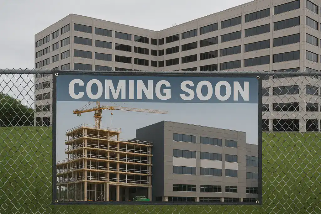 New building construction announcement sign (mesh banner)