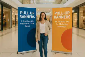 lady in mall demonstrating pull up banners