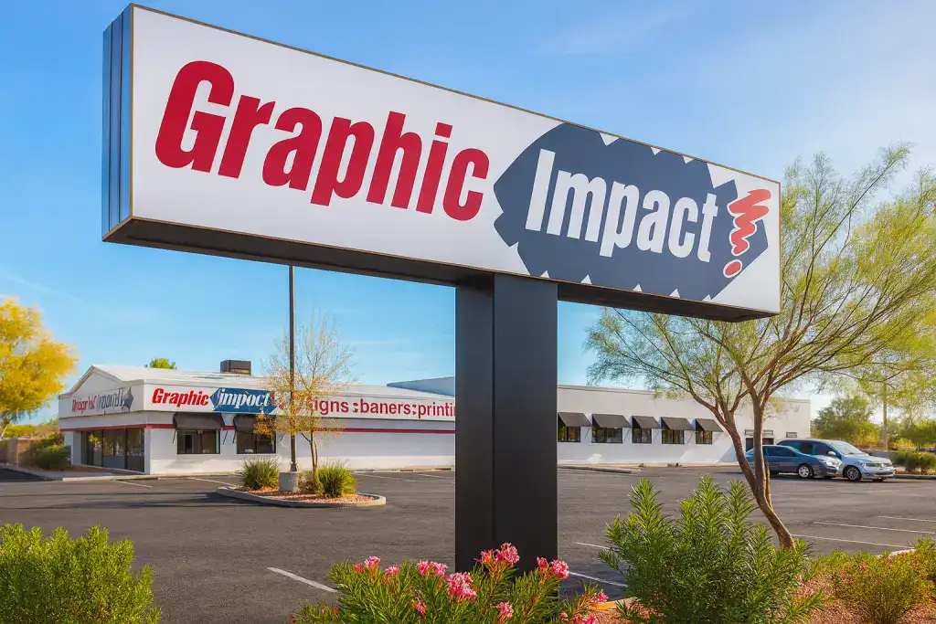 Graphic Impact Custom Signs, Vinyl Banners, Apparel, Promotional Specialties and Awards in Tucson, Arizona 7 Colorful outdoor sign for "Graphic Impact" advertising signs, banners, engraving, and apparel, mounted on a large black pole with landscaping, clear sky, and a commercial building in the background.