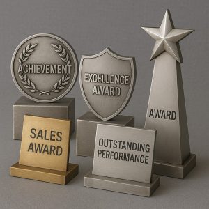 Shiny metallic awards and trophies with engraved labels for achievement, excellence, sales, and performance on gray background.