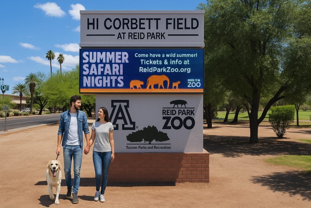 Bright outdoor sign at Reid Park Zoo advertising summer events, with a happy couple and their dog walking nearby in a park setting.