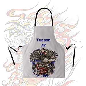 Custom apron with a detailed dragon graphic and "Tucson AZ" text, ideal for personalized shirts and promotional apparel.