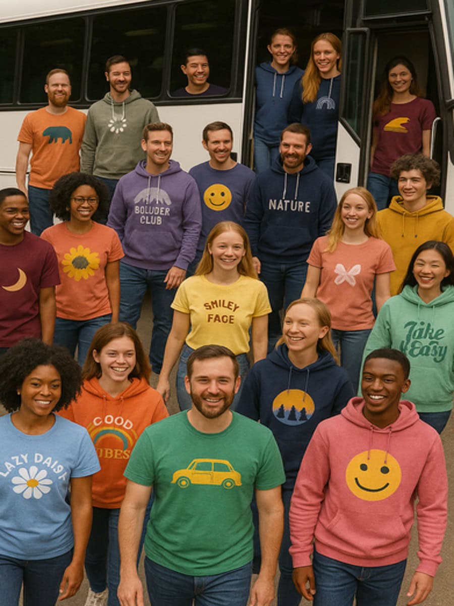 Colorful group of diverse young people wearing vibrant graphic hoodies with fun slogans and symbols, standing outdoors near a bus, showcasing custom apparel and casual teamwear.