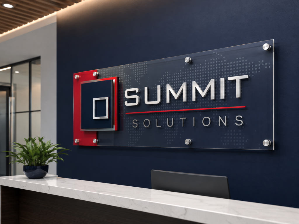 Custom acrylic lobby sign with dimensional lettering and logo