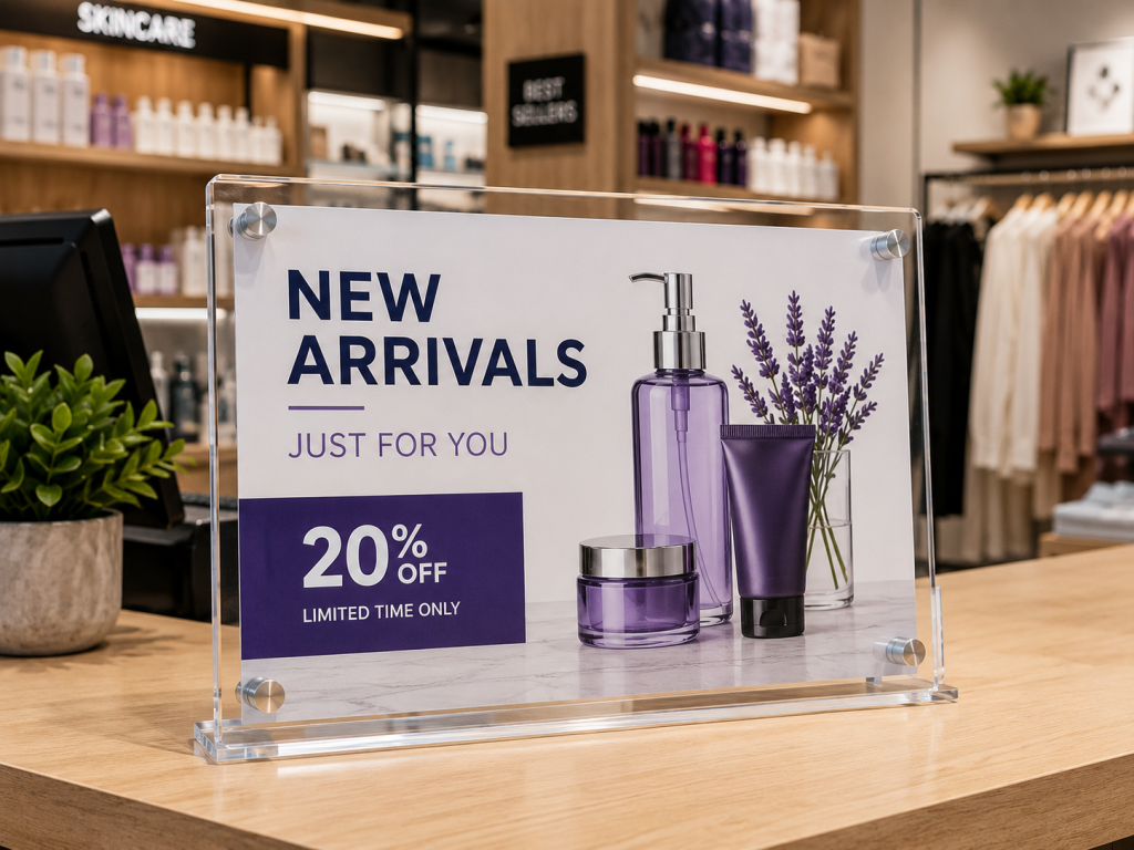 Clear acrylic point-of-purchase display on retail counter