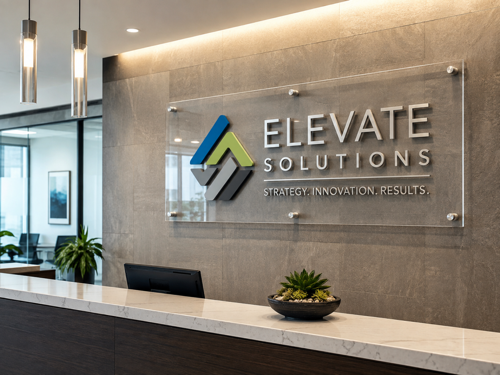 Custom acrylic lobby sign with dimensional logo and lettering