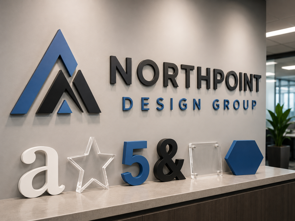 Custom cut acrylic letters and logo for interior wall sign