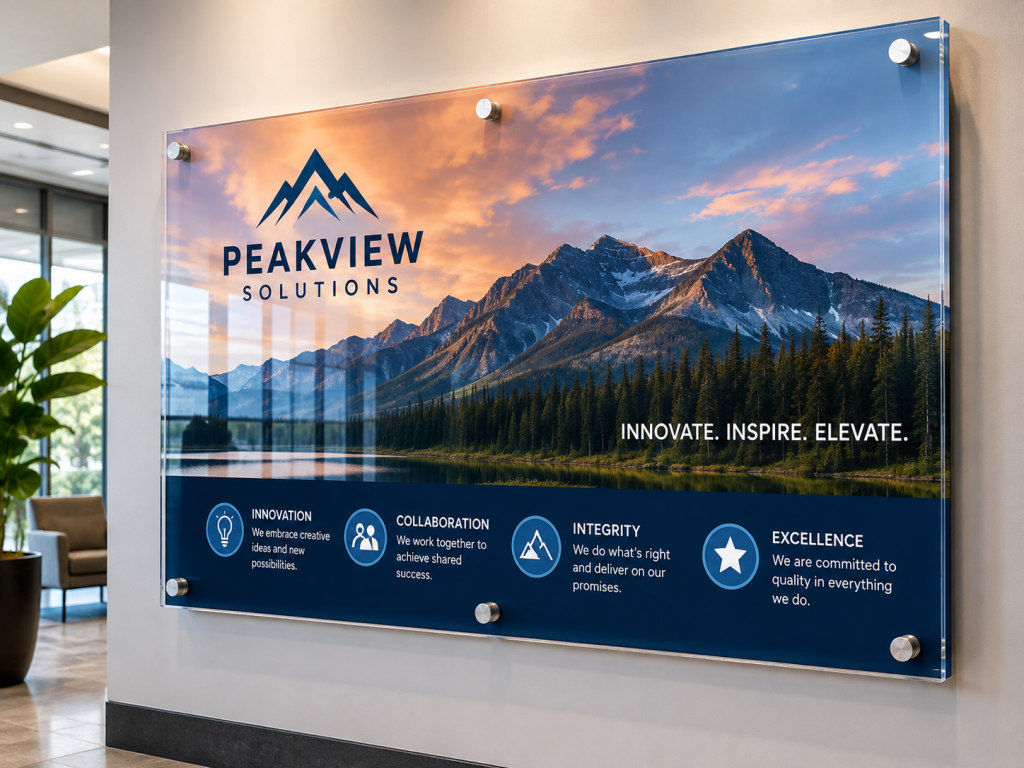 Full-color printed acrylic wall panel in corporate interior