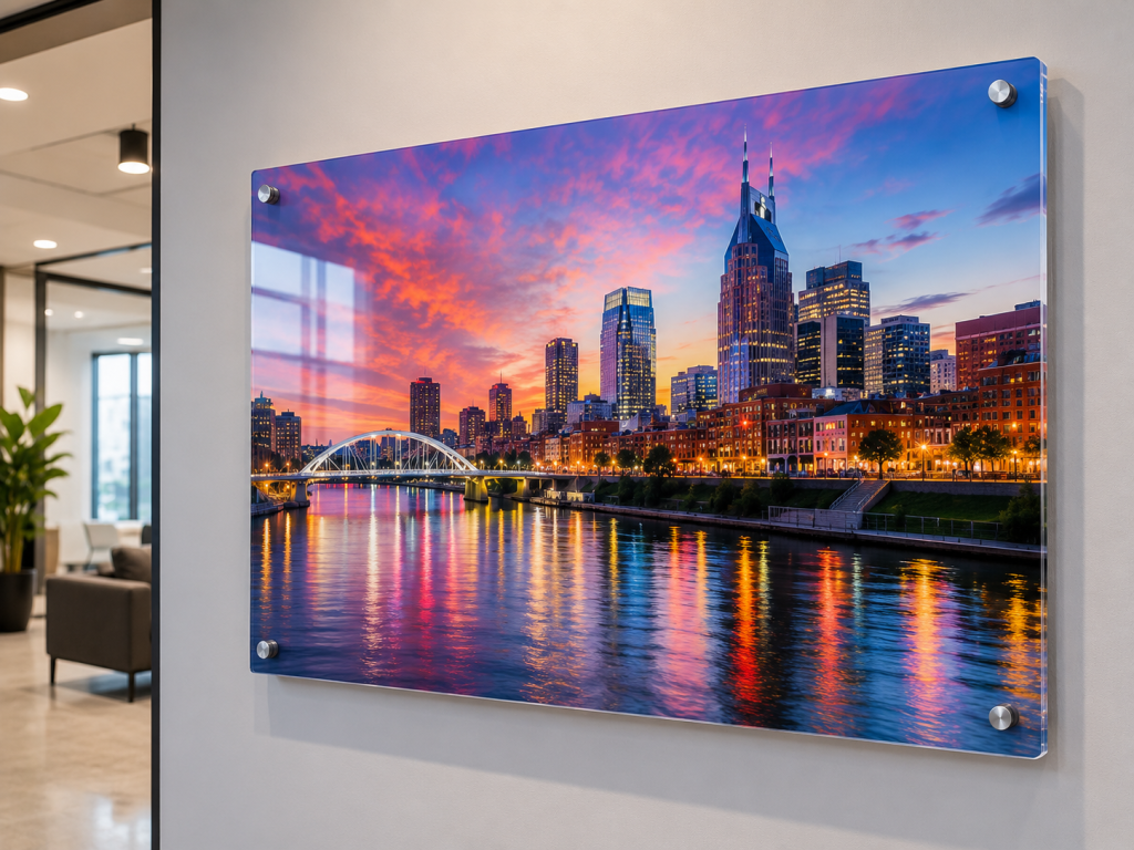 Colorful acrylic artwork print mounted in modern office interior