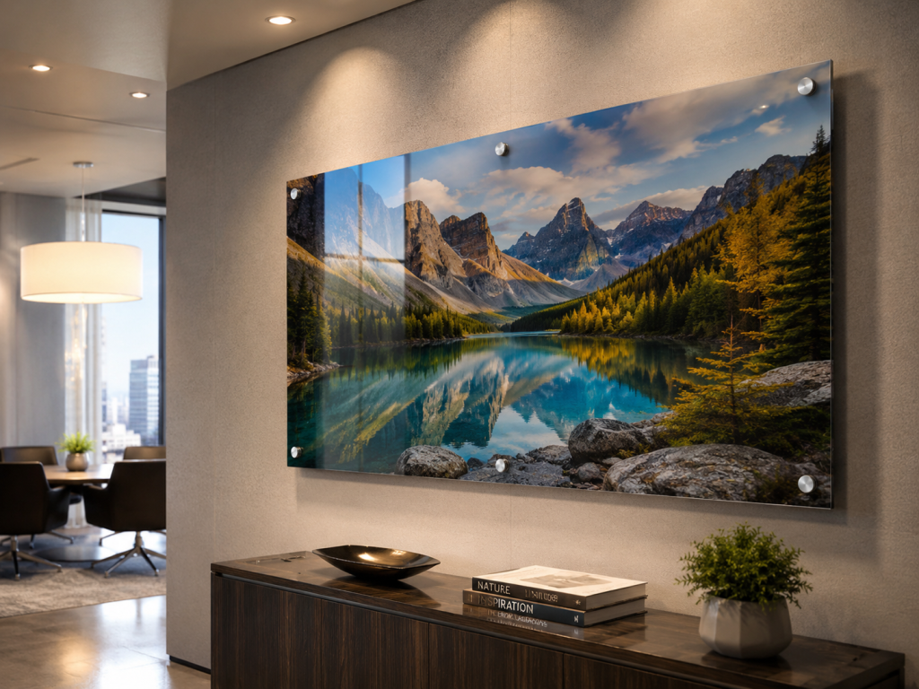 Glossy acrylic photo print displayed in modern office interior