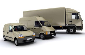 3D rendering of a truck, a van and a lorry against a neutral background