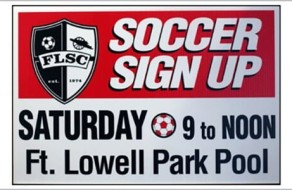 A vibrant signage for a soccer registration event at Lowell Park Pool, highlighting date, time, and location with bold lettering and a soccer ball graphic, ideal for promoting community sports activities.