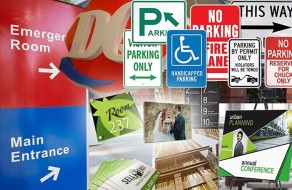 Office signage displays for parking, accessibility, and event directions enhancing wayfinding and branding clarity.