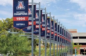 High-quality image of vibrant banners honoring softball champions, displayed along a row of flagpoles outdoors, showcasing custom-designed signs and banners for sports achievements.
