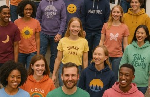 A diverse group of young adults smiling and posing outdoors in vibrant hoodies and t-shirts with various fun and positive designs, creating a lively and joyful atmosphere.