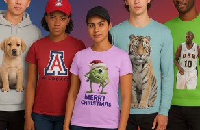 Young diverse group of people wearing colorful graphic t-shirts, including a Christmas-themed shirt with Mike Wazowski, standing outdoors with a gradient background.